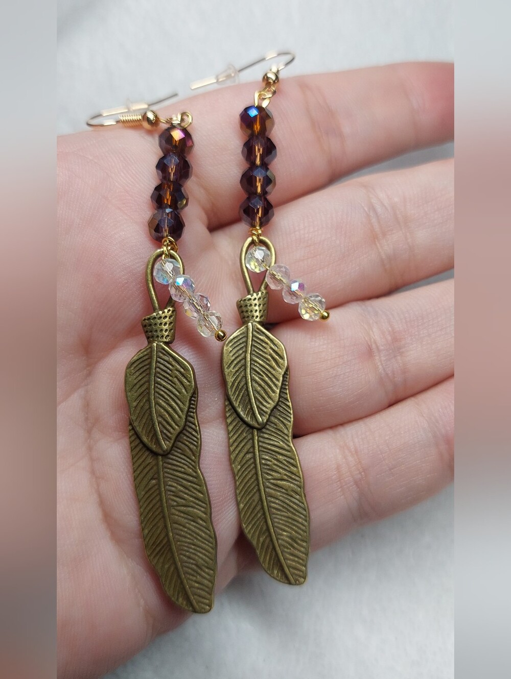 Boho Goldtone Leaf Crystal Drop Earrings - Brown and Clear